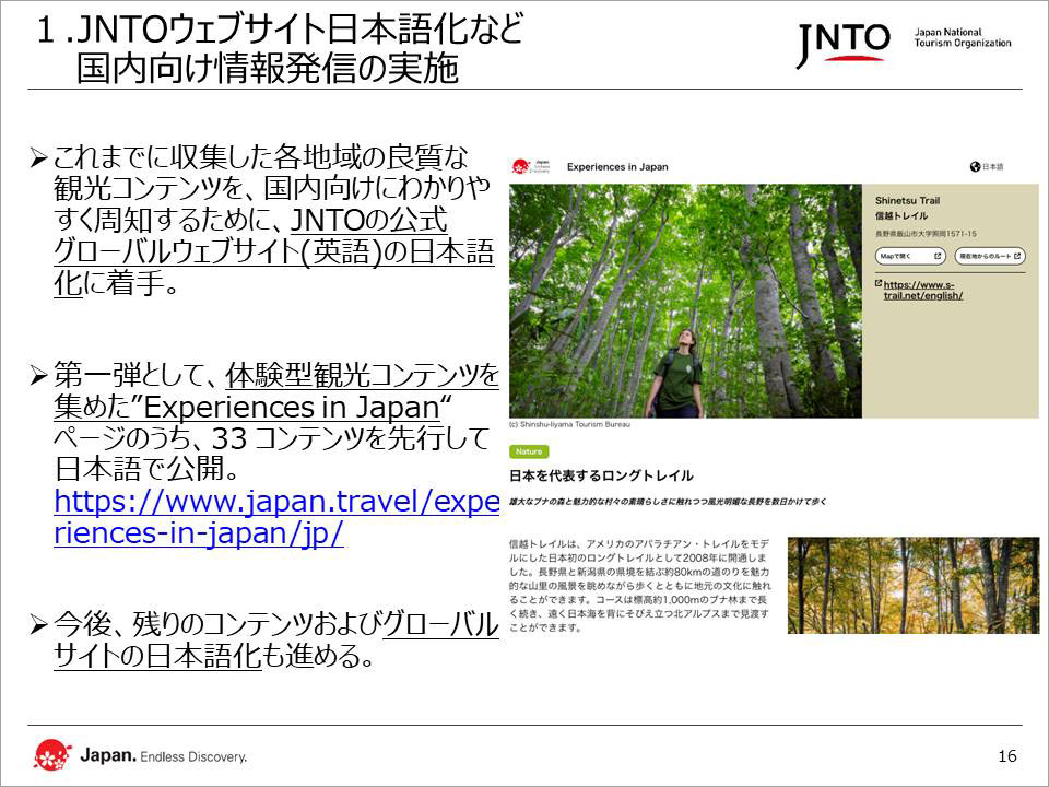 １.JNTOウェブサイト日本語化など国内向け情報発信の実施